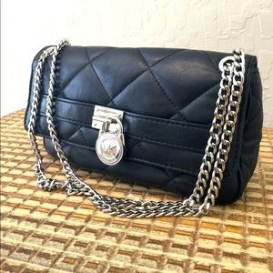 MICHAEL Michael Kors Black Quilted Leather Handbag with Silver Chain
